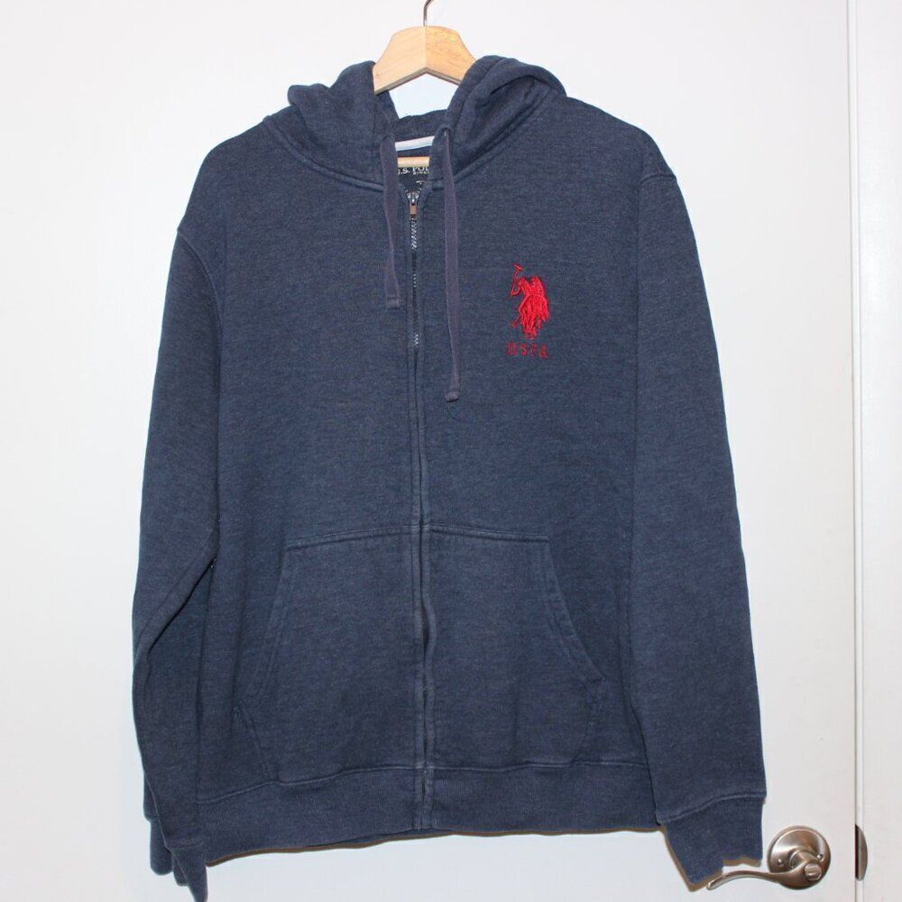 U.S. Polo Assn. Blue Cotton Blend Zip-Up Hooded Sweatshirt Men's Size Large